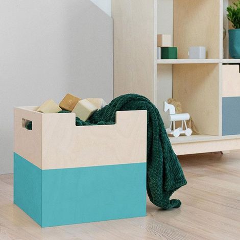 Boîte de rangement bois modèle 2 - poignées - Bleu turquoise et bois naturel - 33 x 33 x 37 cm (1/4)