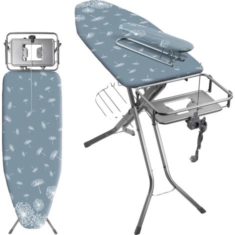Tabla de planchar, altura regulable de 80 a 100 cm, dimensiones 130 x 48 cm, toma de corriente integrada de 250 V, funda 100 % algodón, patas metálicas antideslizantes. (1/5)