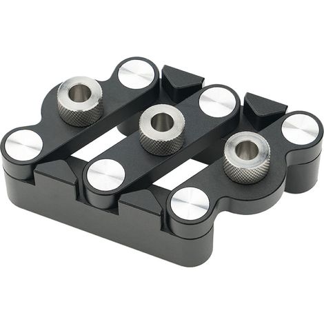 Gabarit de perçage à centrage automatique pour tourillons de 13 à 32 mm, avec guide de perçage et poinçon de positionnement, et 3 forets inclus. (1/5)