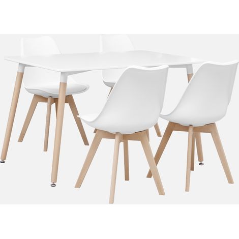 Mesa de comedor escandinava con patas de madera y 4 sillas (1/5)
