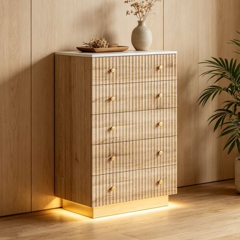 Settimino, cassettiera alta 110 cm con 5 cassetti, stile legno naturale con LED, mobile contenitore scandinavo, finitura rovere chiaro e bianco