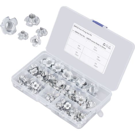 Jeu de 80 écrous en T, 5 tailles, acier carbone zingué blanc, résistant à la rouille, haute dureté, 4 griffes, pour boulons, quincaillerie de fixation robuste (1/5)