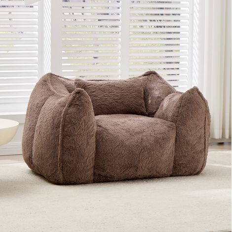 Sillón puff, respaldo ergonómico, relleno de espuma triturada, pelo sintético caqui (1/5)