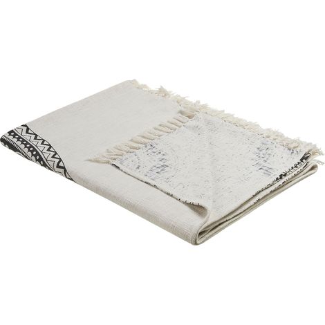 Plaid en Coton Cousu Fait Main avec Glands 130 x 180 cm Beige et Noir Anand (1/5)