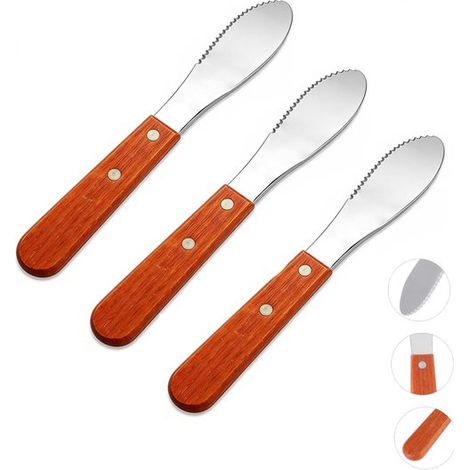 Juego de 3 piezas: cuchillo para mantequilla con mango de madera, raspador de mantequilla de acero inoxidable, fácil de usar, queso, color plata (1/5)