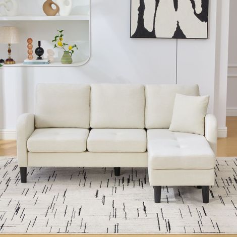 Canapé d’angle réversible 3 places 166x118x77cm avec méridienne modulable en tissu effet lin beige clair (1/5)