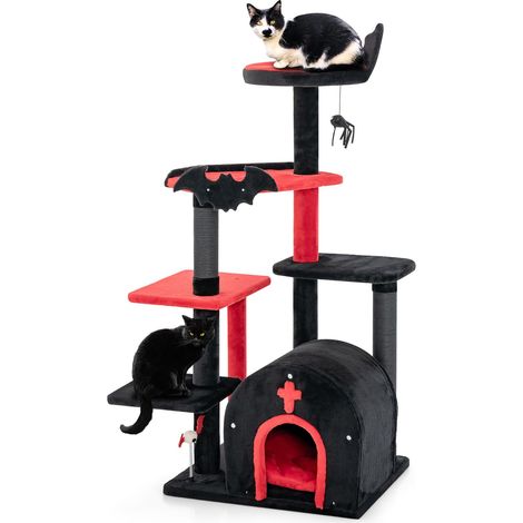 COSTWAY Albero per Gatti Gotico, Tiragraffi con Letto per Gatti, Condominio ad Arco, Pali, Pompom e Palline a Molla, Cat Tree di Halloween a 6 Livelli (1/5)