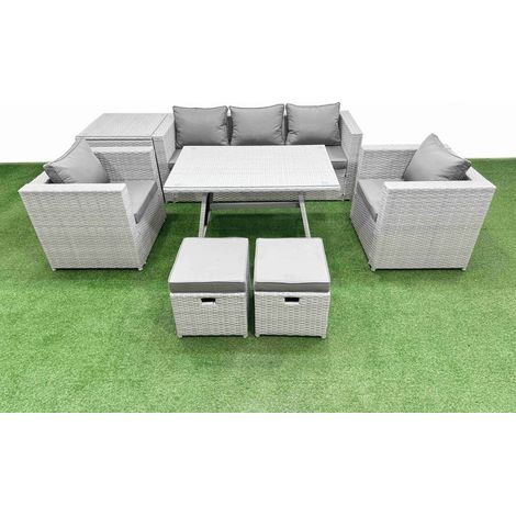 Fimous 8 Pieces Outdoor PE Rattan Sofa Armchair Set Patio Garden Furniture Sets with Cushions Side Table 2 Small Stools Light Grey (1/4)