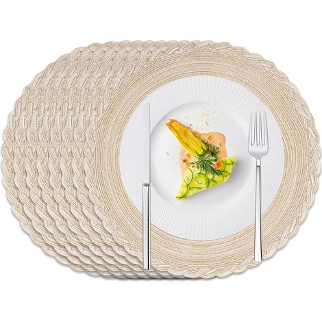 Set mit 8 runden Platzsets, waschbar, im Bohème-Stil, hitzebeständig, 38 cm (Beige, Blumenrand) (1/5)