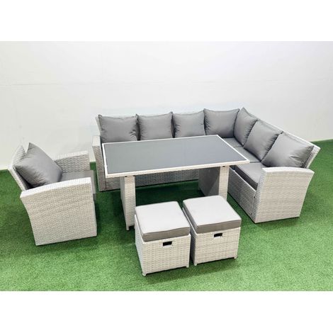 Fimous Outdoor Garden Furniture Sets 9 Seater Wicker Rattan Corner Sofa Sets with Rectangular Dining Table Lounge Sofa 2 Small Footstools Armchair Light Grey (1/4)