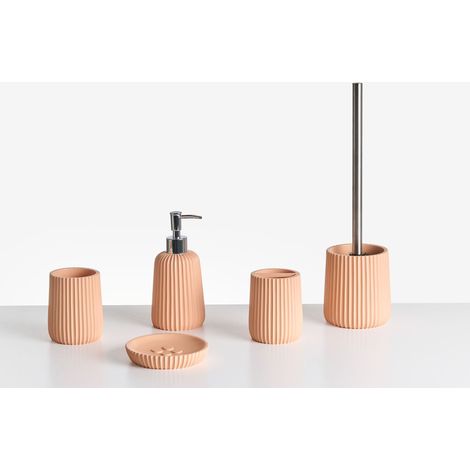 Set accessori bagno 5 pezzi portasapone, dispenser, porta scopino, bicchiere, porta spazzolini arancione Pozuzo