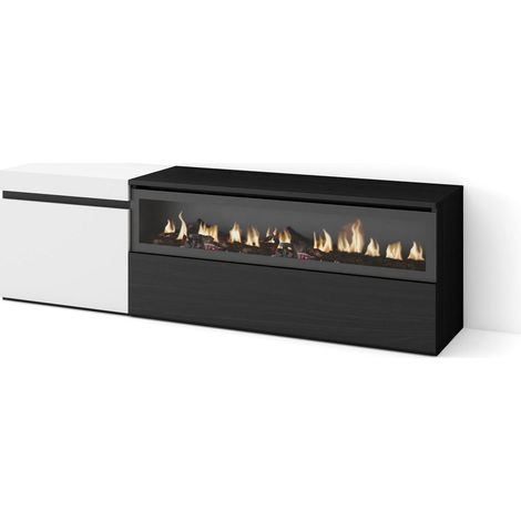 Meuble TV Banc Télé Grand Espace de Rangement 150x45x35cm pour Les TV jusqu'à 65" Cheminée électrique Style Moderne Blanc et Noir (1/5)