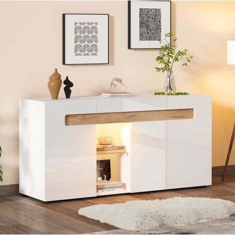 Modernes 3-türiges Sideboard, LED-Lichtsteuerung, Wohnzimmerschrank mit App-Steuerung, 140x40x70 cm Hochglanz-Wohnmöbel, weiß mit Glasboden, Lagerschrank (1/5)