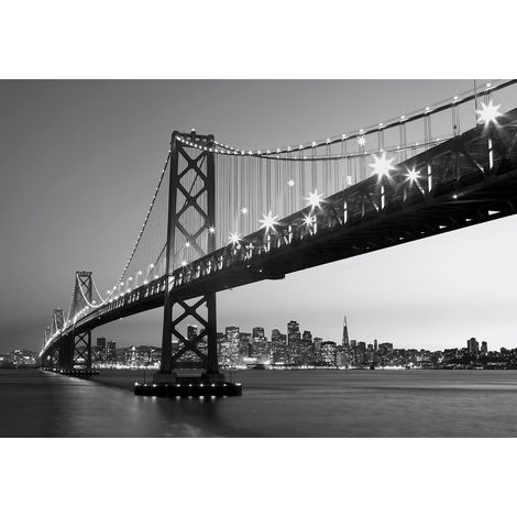 Papier peint panoramique urbain noir et blanc | Tapisserie panoramique salon et couloir pont | Papier peint panoramique design San Francisco - 366 x 254 cm (8 pièces) (1/2)