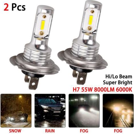 Kit Ampoules Phares LED H7 - 55 W - 8000 Lm - Température de Couleur 6000 K - Faisceau Hi/Lo - Angle de Diffusion 360° - Pour Voiture - 2 Pièces (1/4)