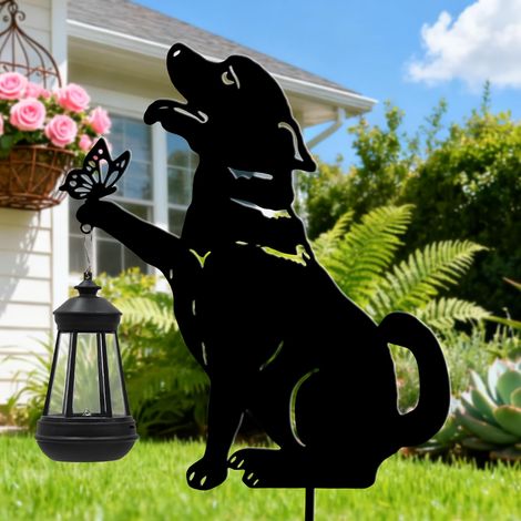 Weihnachtsdekoration mit schwarzem Hund für den Außenbereich – Solarleuchten für den Außenbereich mit dekorativen Schmetterlings-Einweihungslichtern aus Metall für Hof, Weg, Rasen, Terrasse – Idee
