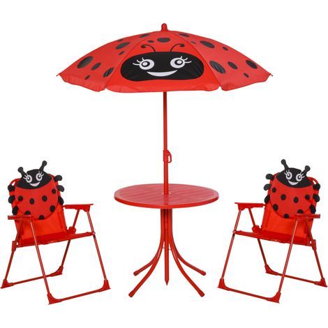 Gartenmöbel-Set für Kinder, 4-teilig, Marienkäfer-Design – Runder Tisch + 2 klappbare Stühle + Sonnenschirm – Metall, epoxidbeschichtet, Oxford-Rot (1/5)