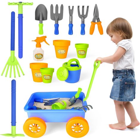 Ensemble de Jardinage avec Brouette Enfants 15pcs 3+ Ans(Bleu)  Pelles, râteaux, arrosoir, pots, outils à main, 4 roues, Outils de jardin et sable, Jouet Éducatif Motricité, Usage Extérieur (1/5)