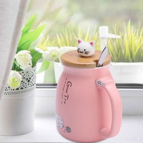 Tasse - Céramique - Motif Chat - Couvercle Bois - 420 ml - Rose Violet (1/4)