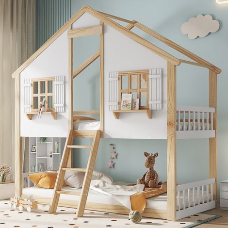 Lit surélevé, lit pour enfants, fenêtres et toits magnifiques. Matelas en planches de bois stables. Barreaux de sécurité sur les côtés. Couleur blanche ou naturelle. dimensions : 90x200 cm (1/5)