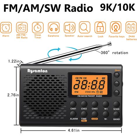 Mini radio à bande complète avec récepteur 9K/10K, prise casque 3,5 mm, réveil et minuterie de sommeil. (1/5)