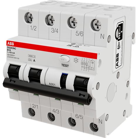 Disjoncteur Diff. Compact 3P+N (droite) 10A Icu-10kA cbe B 30mA Type A 2CSR256140R1105 ABB T207812 (1/3)