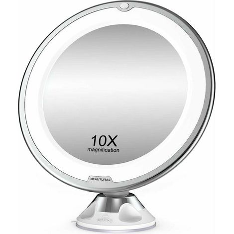 royaluxe - Miroir de maquillage, grossissement 10X avec LED blanc jour, miroir de salle de bain éclairé portable, rotation pivotante à 360 degrés et aspiration verrouillable, (1/5)