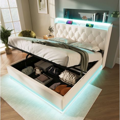 Lit coffre PU blanc 140x200 cm avec LED 360°, tête de lit capitonnée, USB/Type-C et sommier à lattes inclus (1/5)