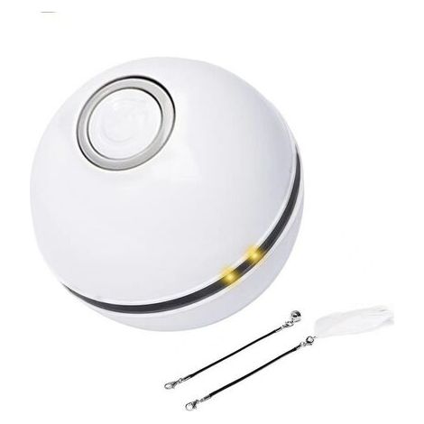 Pair - Balle électrique pour chat, en plastique, rechargeable par USB, 6 x 6 cm, adaptée aux chats, avec LED, avec 2 accessoires, cloche et plume, faible bruit, blanche (1/5)