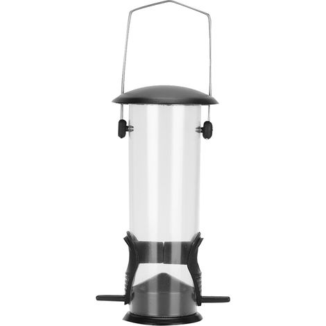 Comedero automático colgante para pájaros silvestres, fabricado en plástico transparente, de 31 cm de altura, ideal para jardín y balcón. (1/5)