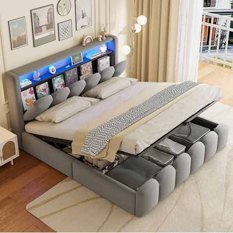 Lit coffre 180x200 cm avec LED, tête de lit avec ports USB et Type-C, en velours, gris (1/5)