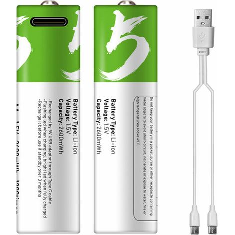 Green Mobility-Type-Port rechargeable au lithium AA Batterie 1.5V Batterie 2600mWh Haute capacite Tension constante Recharge rapide Utilitaire respectueux de l'environnement Batterie reutilisable pour (1/5)
