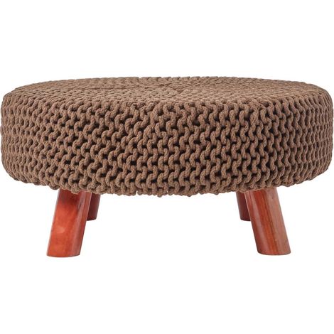 HOMESCAPES Chocolate Brown Large Round Cotton Knitted Footstool on Legs