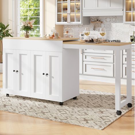 Îlot de cuisine extensible 117-180x50x94,6 cm en MDF blanc, avec rangement pour cuisine FloraGrace (1/5)
