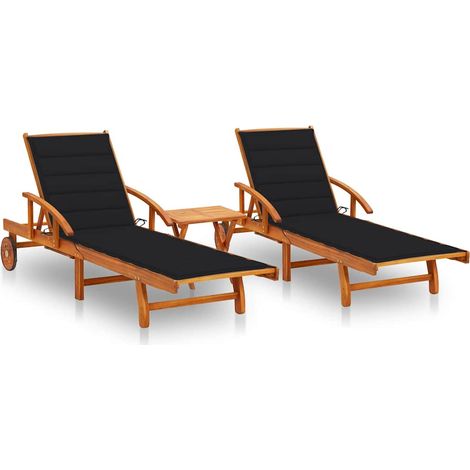 Lot de 2 Bains de soleil Chaises de jardin - Transat de jardin avec table et coussins Acacia solide BV594840 - BonneVie (1/5)