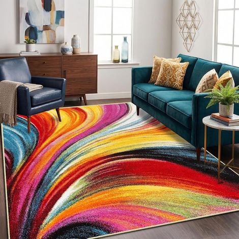 Tapis multicolore, lavable, à poils courts, antidérapant, rouge, jaune, orange, motif moderne de vagues, lavable en machine, pour salon, salle à manger, cuisine, chambre à coucher (120 x 170 cm) (1/5)