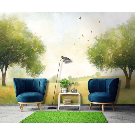 Fototapete Wiese Bäume Natur Grün 3D-Optik, für Wohnzimmer und Schlafzimmer, 150 x 105 cm – Komplettset inkl. Kleister & Anleitung (1/5)
