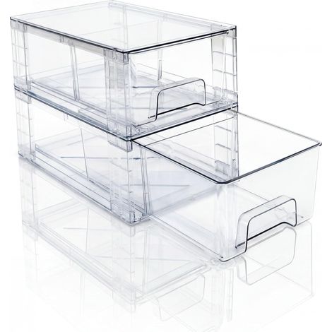 Lot de 2 Tiroirs de Rangement Empilables Transparent Petit Modèle, Organisateurs Acrylique avec Poignées, pour Réfrigérateur, Salle de Bain, Cuisine, Placard, Rangement Garde-Manger (1/5)