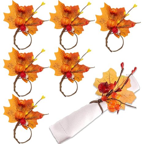 6 Pièces Bague de serviette Citrouille Orange et Feuille d'érable d'Automne pour Halloween, Thanksgiving, Soirée, Dîner, Décoration de Table (1/4)
