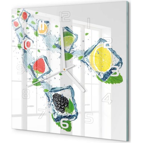 Horloge Murale Carrée Maison Verre Trempé Silencieuse Design Moderne Élégant Fruits en cubes 30x30 cm (1/5)