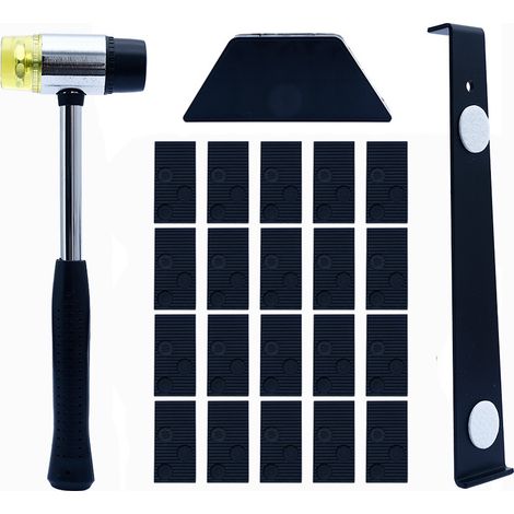 Kit d'outils de pose de parquet stratifié 23 pièces, comprenant 16 cales d'espacement, un bloc de filetage, une barre de traction et un maillet. (1/5)