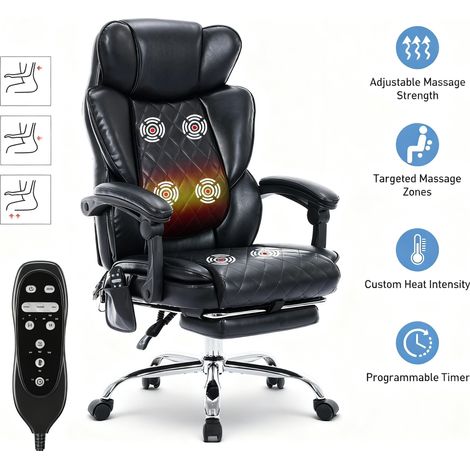 Colamy – Chaise de bureau ergonomique avec massage 6 points – Chauffage lombaire 3 niveaux – Inclinaison réglable 94-125° – Cuir PU noir