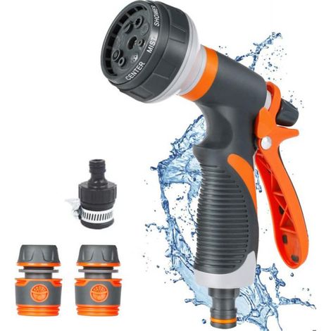 Pistolet d'arrosage, Pulvérisateur de Jardin - 8 Modes d'arrosage - Avec 3 Interface - Noir et Orange - 19 x 16.5 x 6 cm (1/5)