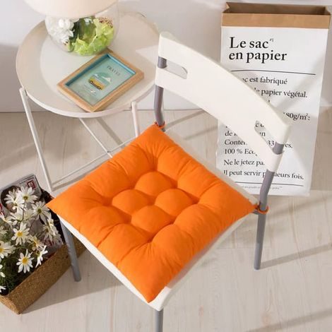 Lot de 4 coussins de chaise moelleux, avec ruban, pour salle à manger, jardin, terrasse ou cuisine (40 x 40 cm), orange-jaune. - Jaune orangé - couleur (1/5)