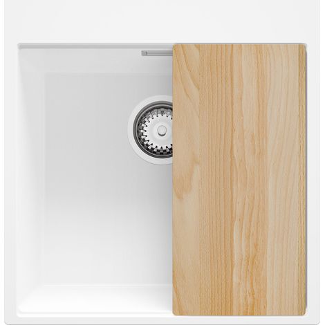 PRIMAGRAN Evier Cuisine en Granit 48x50cm,Lavabo 1 bac + Kit de Vidage + Planche à Découper, Évier à Encastrer au meuble 50cm - Oslo, Blanc (1/5)