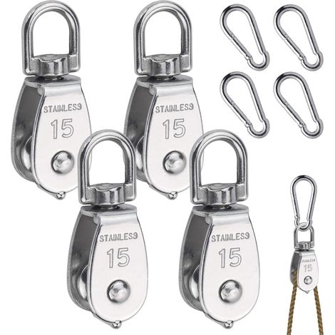 Set mit 8 Edelstahlrollen – 4 M15 + 4 M4 Karabiner – 360° drehbar – 6 mm Seil – 35 kg