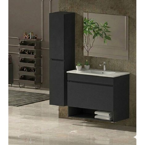 Badmöbel Set NEBARI Vormontiert 1 Schublade, Waschbecken und Spiegel Graphit 50x40 cm mit Hochschrank