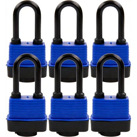 6er-Pack Vorhängeschloss 44mm, gleichschließend, wetterfest, gehärteter Stahlbügel, blau