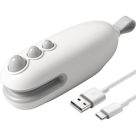 Mini scelleuse de sacs avec lame de coupe, rechargeable, portable et aimantée, pour conserver la fraîcheur des aliments et le croustillant des en-cas. Blanche. (1/5)