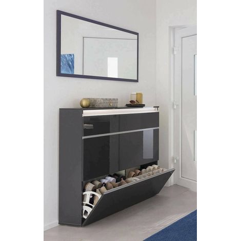 Dmora - Zapatero Dlukak, Mueble multiusos con 2 puertas y 1 puerta abatible, Zapatero de entrada, 100% Made in Italy, cm 120x27h108, Antracita Brillo (1/5)